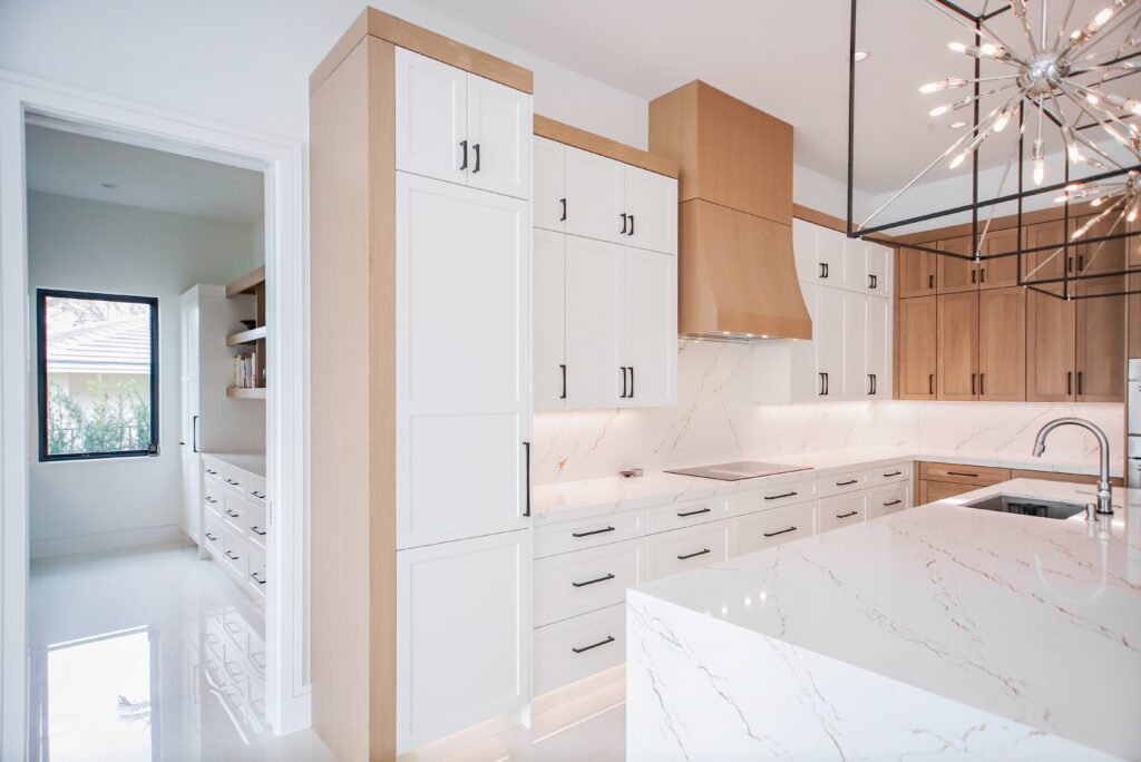 White and natural colour kitchen with filler overlays elements - filler panels